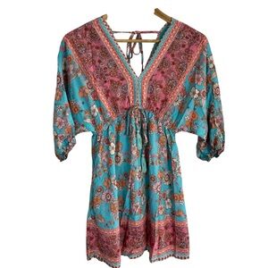 Cupshe Boho Floral Mini sun  Dress in Blue and Pink w/ Drawstring V-Neck